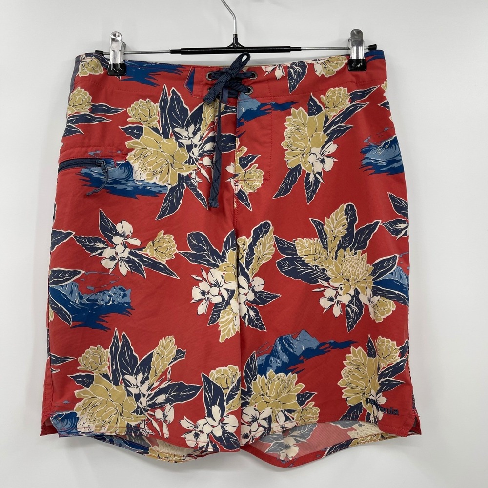 Patagonia Mens Floral Swim Trunks Shorts Size 30 Red Blue Drawstring